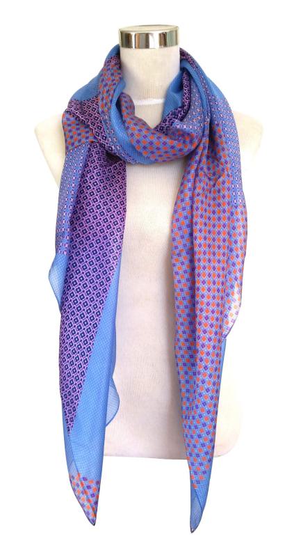 Scarf 100% Silk Paj Points Dots Blue Lila